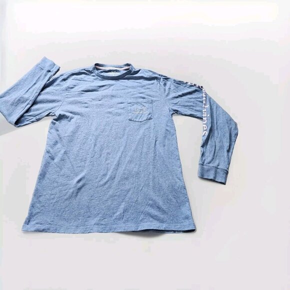 Vineyard Vines T Shirt Mens M Blue Pink Whale Print LS Preppy Pocket 1V0923 FLAW - Picture 8 of 14